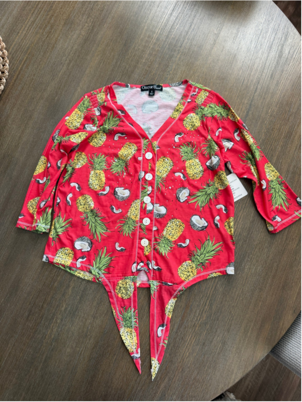 Women's Onque Casual Pineapple Print Button Down Shirt, Size S, Red/Yellow